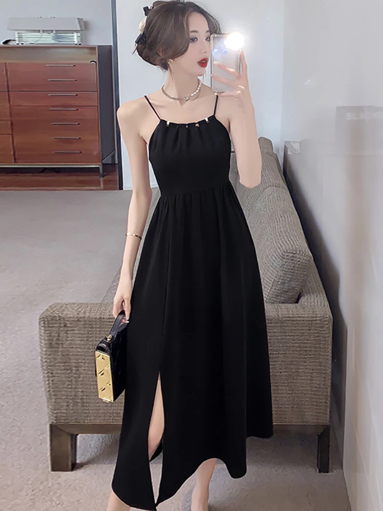 

Летнее черное сексуальное Клубное длинное платье на бретельках, женское Модное Элегантное повседневное платье Y2k, 2023 корейское винтажное облегающее вечернее платье в стиле Хепберн