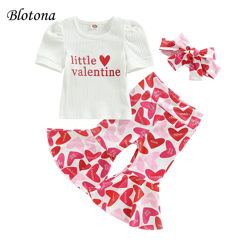 

Blotona Baby Girls Valentine's Day Set Letter Heart Print Ribbed Short Sleeve Crew Neck T-Shirts+Flare Pants+Headband Suit 6M-3Y