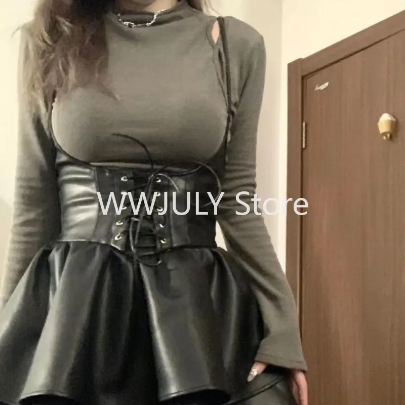 Женская футболка с длинным рукавом и плиссированная юбка из ПУ кожи