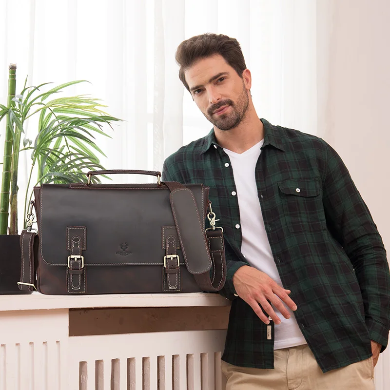 HUMERPAUL Business Briefcase Handbag for Laptop Crazy Horse Leather Messenger Office Bag Large Capacity Male Travel Shoulder Bag
