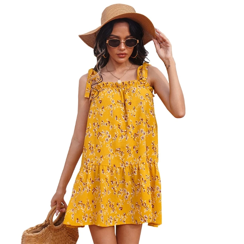 

Women Summer Tie Up Spaghetti Strap Backless Flowy Mini Dress Boho Floral Printed Ruffle Flared Hem Casual Loose Beach Yellow