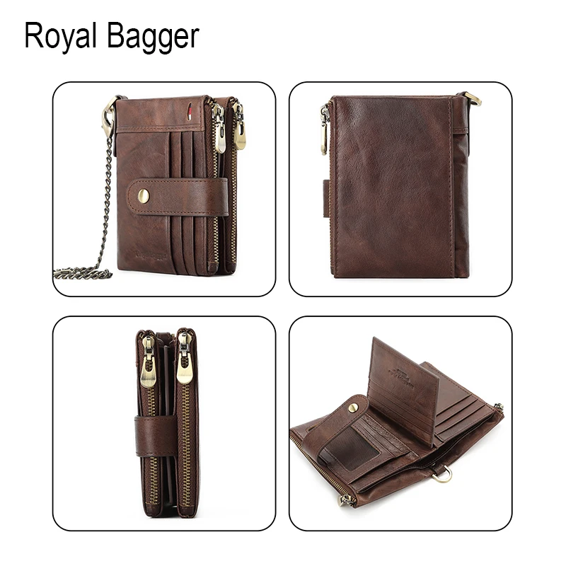 Кошелек короткий мужской Royal Bagger с цепочкой и бесплатной гравировкой, ретро-модный, с блокировкой RFID, из настоящей кожи коровы.