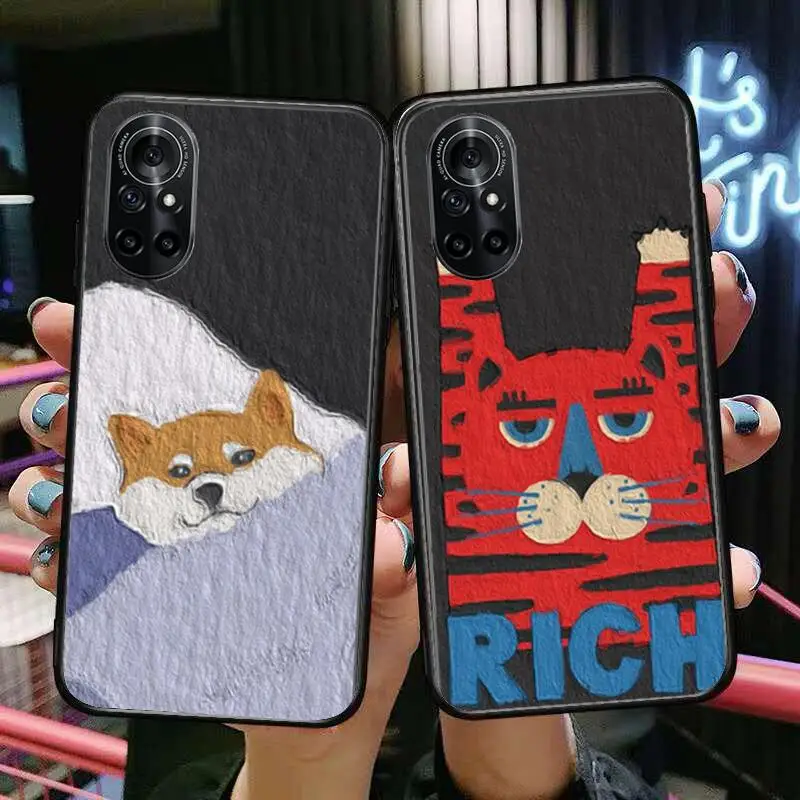 

Oil Painting Corgi Dog and Tiger Clear Phone Case For Huawei Honor 20 10 9 8A 7 5T X Pro Lite 5G Black Etui Coque Hoesjes Comi