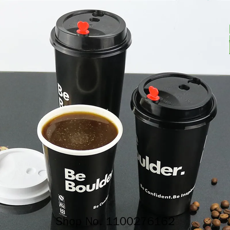 

50pcs High Quality Black Disposable Coffee Cup Creative Birthday Party Tea Juice Drink Paper Cup Takeaway Packaging with Lid