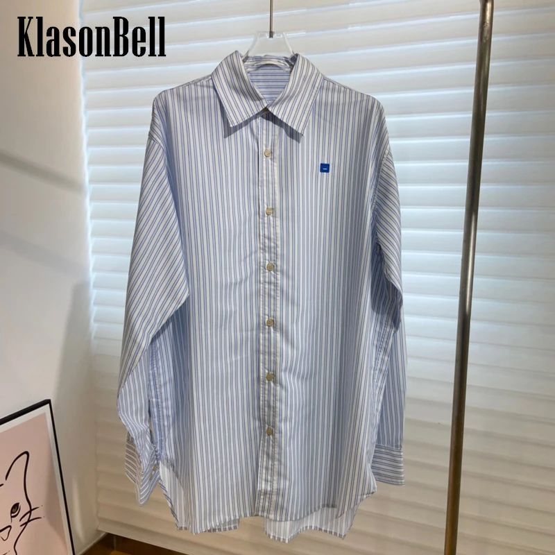 

7.30 KlasonBell Embroidery Cotton Striped Long Sleeve Loose Midi Shirt Women