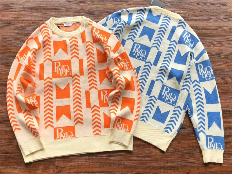 

New 2023fw Rhude Knit Jacquard Sweater Men Women O-Neck Sweatshirts y2k