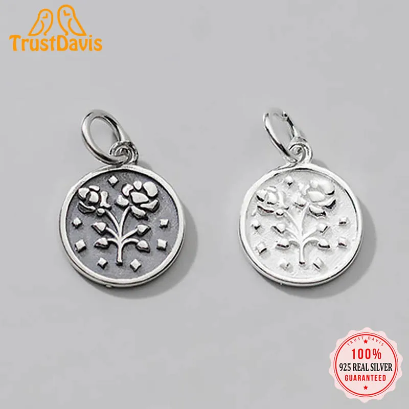 

TrustDavis Real 925 Sterling Silver Fashion Geometric Round Coin Flower Charm Pendant Handmade DIY Accessories Jewelry DZ100