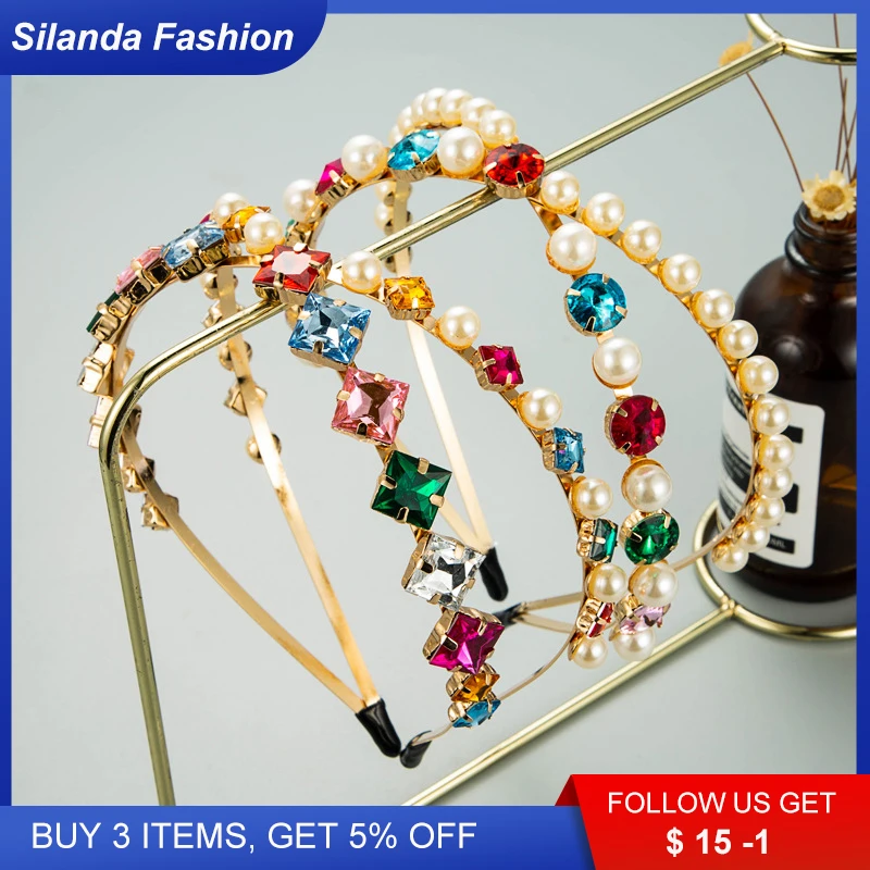 

Silanda Fashion Women's Metallic Hair Band Glossy Rhinestone Pearl Inlaid Double Circle Alloy Headband Party Gift Hair Ornaments