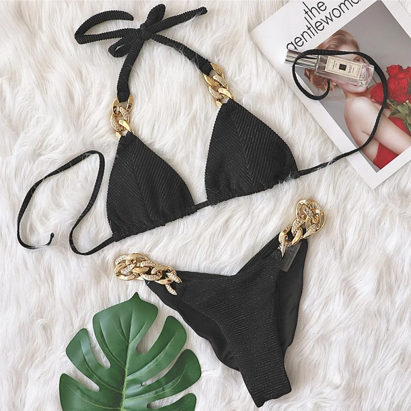 

Halter Metal Chains Crystal Diamond Bikini Women Swimsuit Female Ribbed Swimwear Two Pieces Bikini set Brazilian Bathing Suit