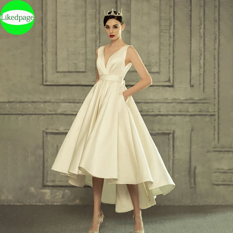 Атласные свадебные платья с V-образным вырезом для женщин 2023 до середины икры