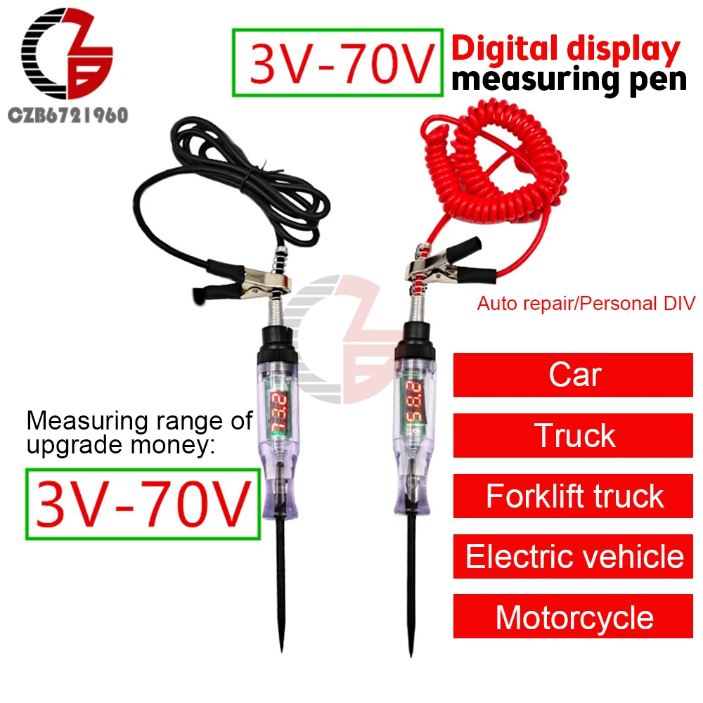 

DC 3-70V 5-90V DC Car Truck Voltage Circuit Tester Digital Display Electric Pen Probe Pen Light Bulb Automobile Diagnostic Tools