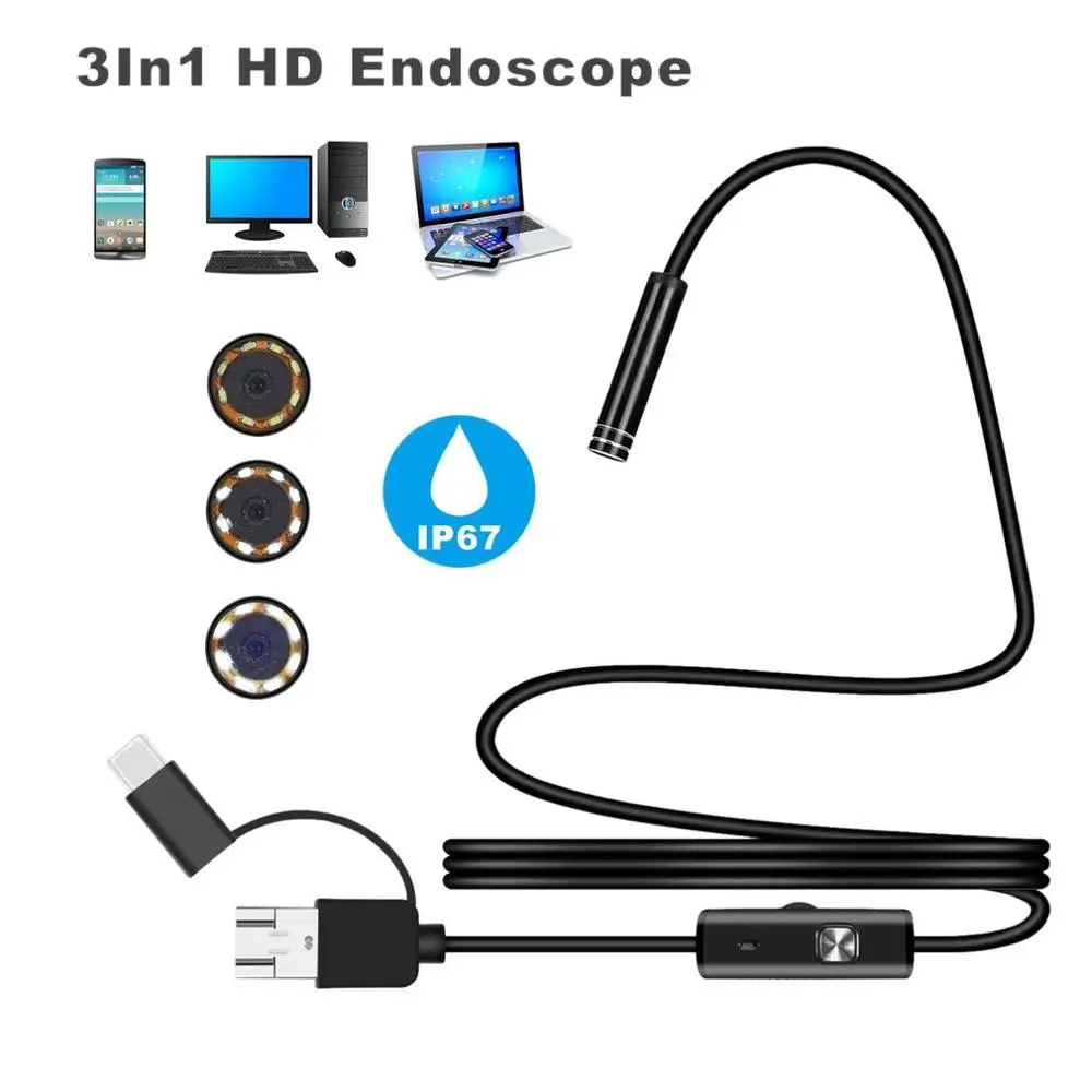 

Android 7MM Micro USB Type-C USB 3-in-1 Computer Endoscope With 6 Adjustable LED Waterproof USB Inspection Video Camera