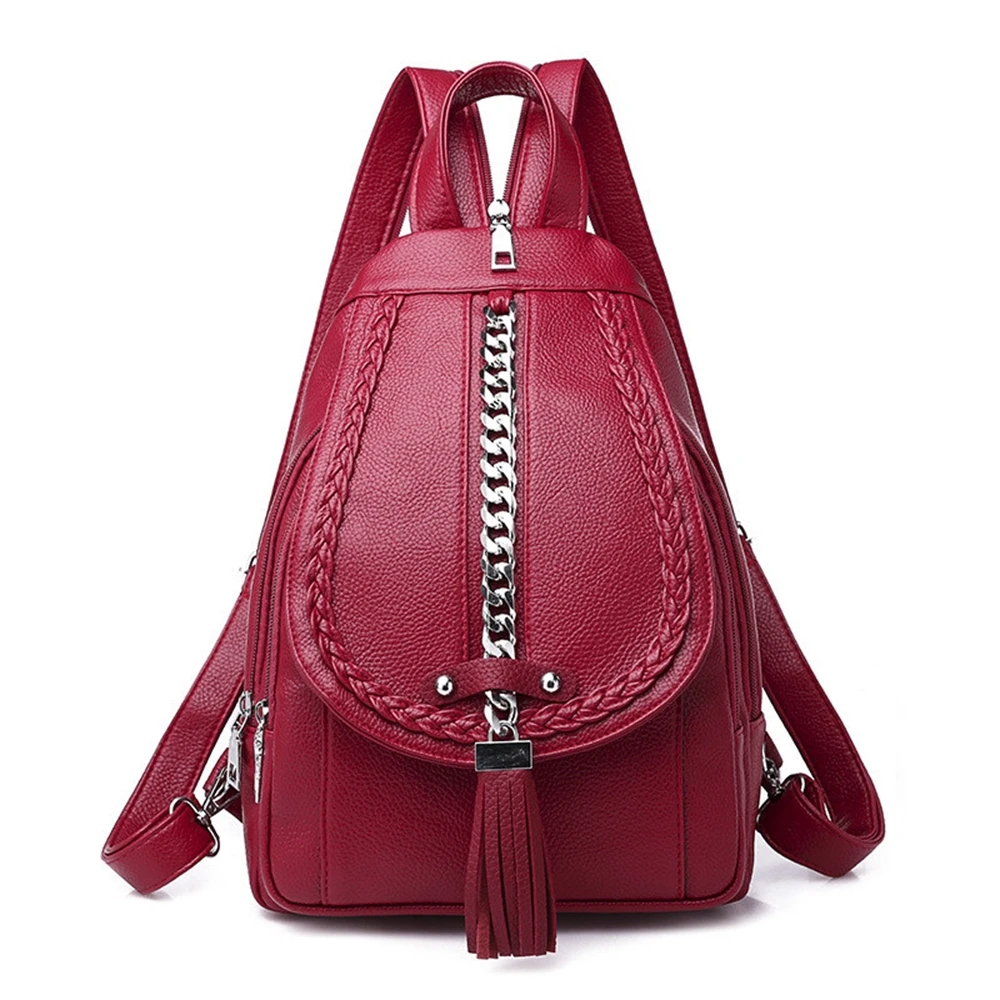 

soft women's PU leather backpack, small bag with chain and fluffy, chest, travel, red design