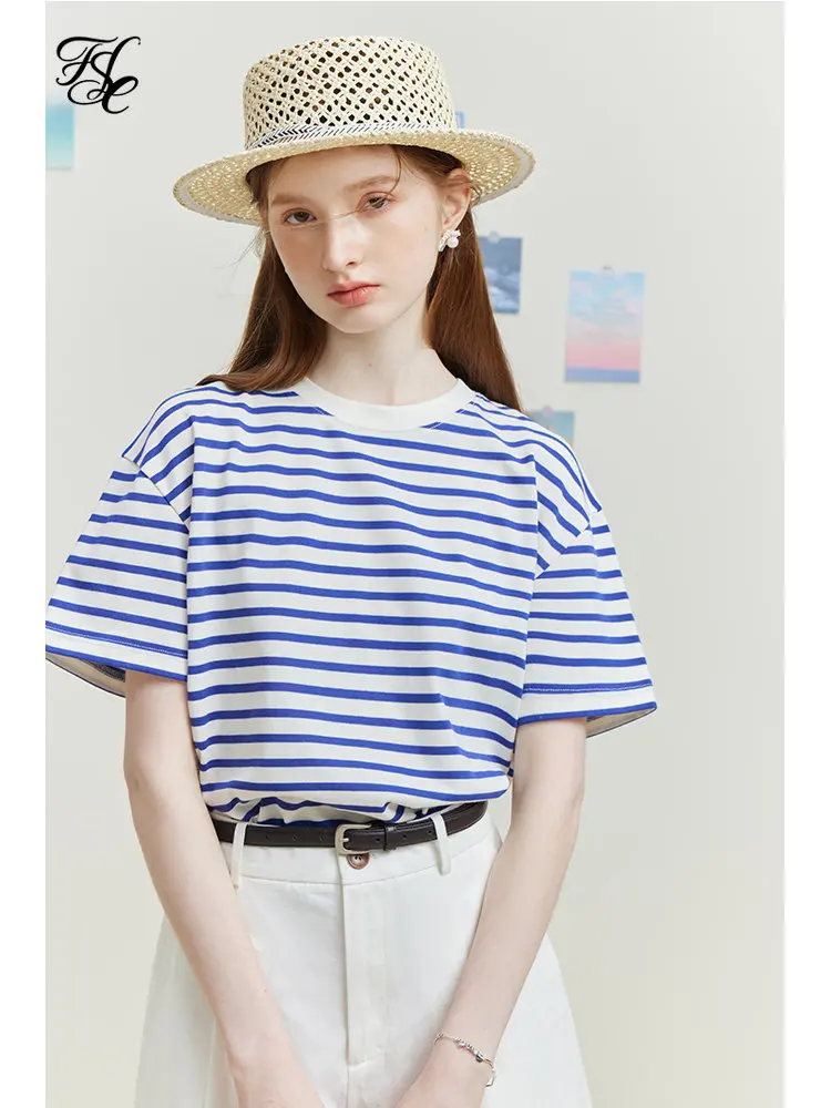 

FSLE Women Loose Drop Sleeve Stripe T-Shirts Round Neck Design Casual Women Knitted Summer Tees Summer Commuter Short Sleeves