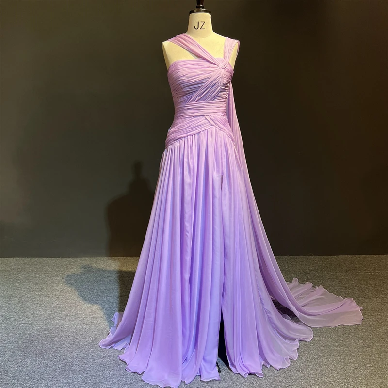 

100%Real Photos فساتين السهرة Purple Color Chiffon Pleat One Shoulder Small Train Formal Prom Party Dance Bridal Evening Dress