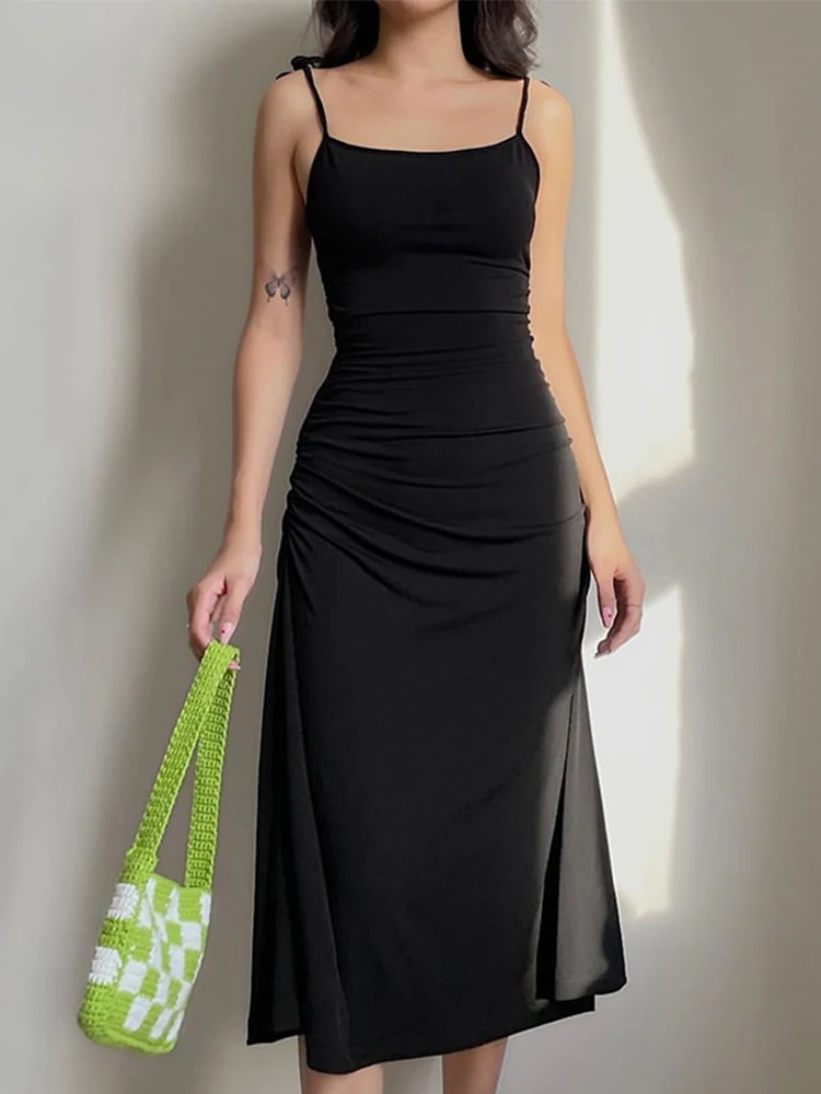 

Модное привлекательное черное платье на бретельках с рюшами, Элегантное Длинное Платье с открытой спиной, летние платья Женская одежда 2022