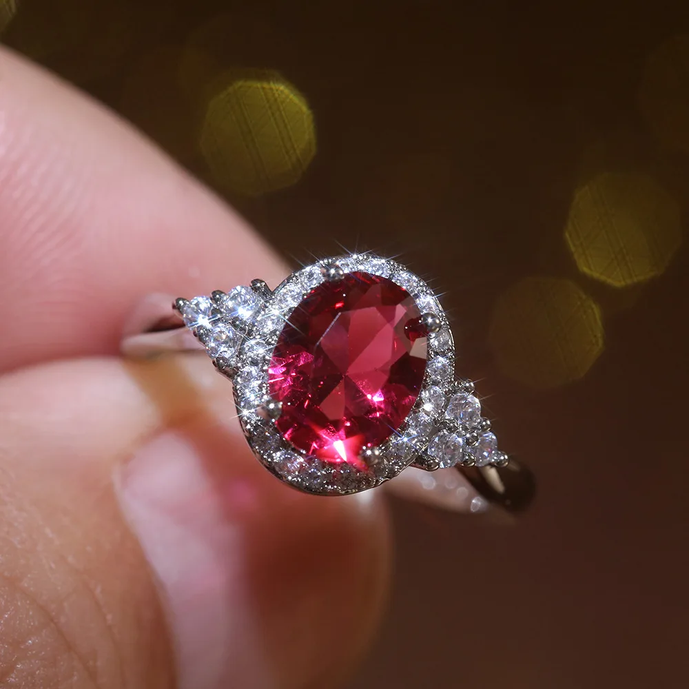 

Silver Color Classic Temperament Red Cubic Zirconia Women Ring Micro Paved Elegant Bridal Wedding Engagement Jewelry Ring