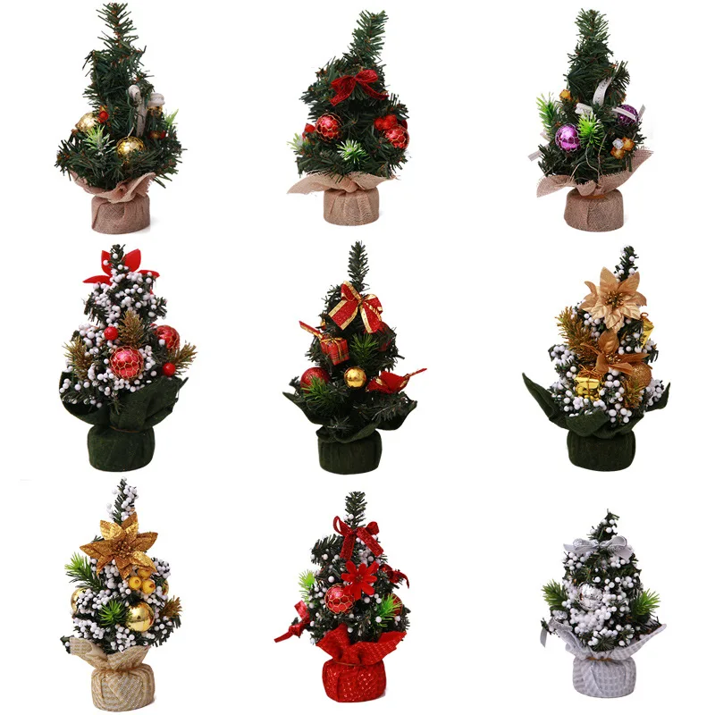 100pcs 22CM 9style Mix 2023 New Mini Christmas Tree Small Xmas Trees Table Ornaments Decor Arbol Navidad Party Gifts Bowknot
