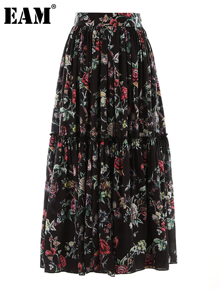 

[EAM] High Elastic Waist Black Pattern Printed Long Casual Half-body Skirt Women Fashion Tide New Spring Autumn 2023 1DF8317