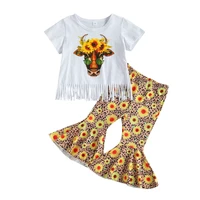 1 6y children baby girl horn flower printed tassel short sleeve topsflare pants outfits kids 2pcs summer clothes set