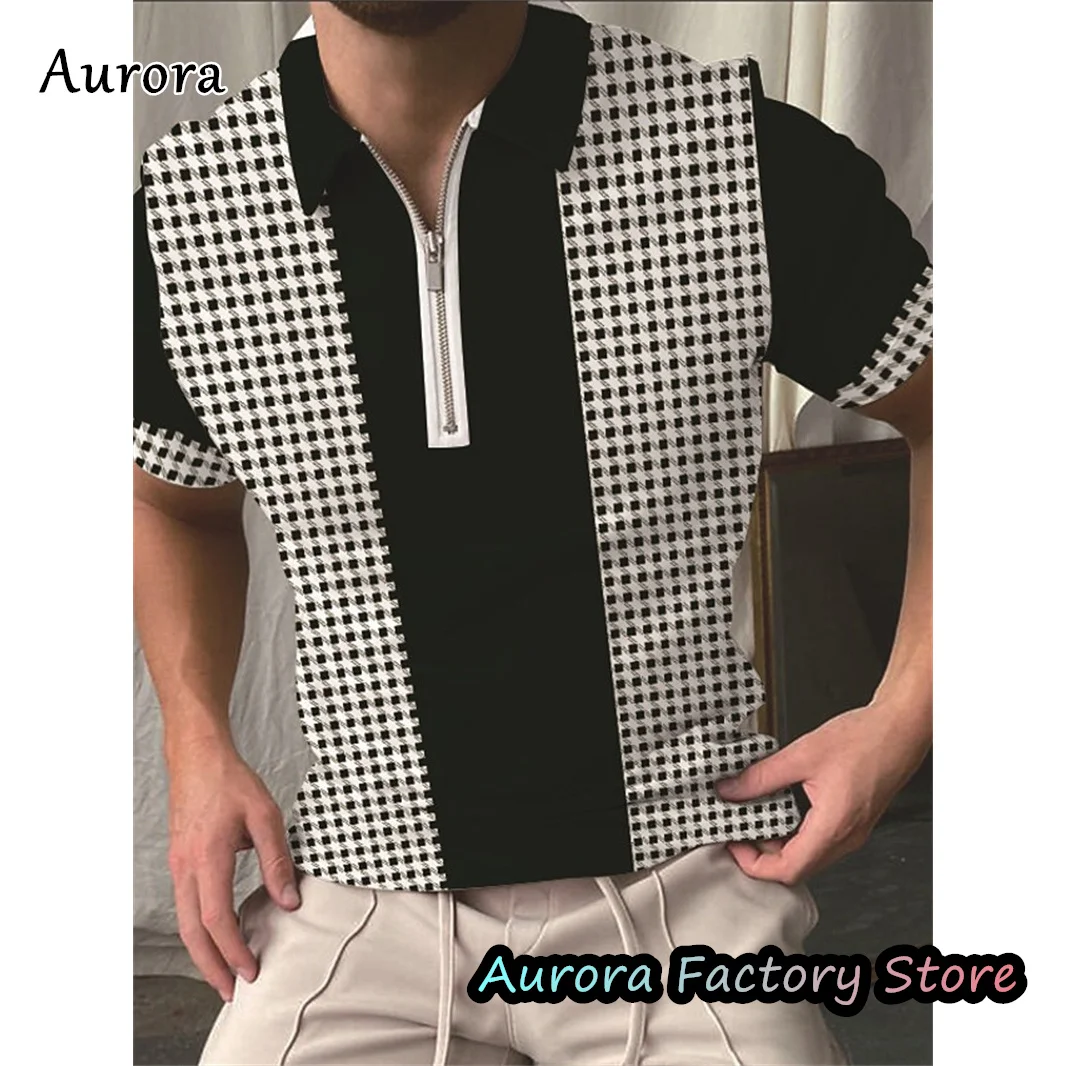

Summer Men's Houndstooth Polo Shirt Casual Stylish Short Sleeve Zipper Tops&Tees Male Fashion Clothing Vintage Lapel Streetwear