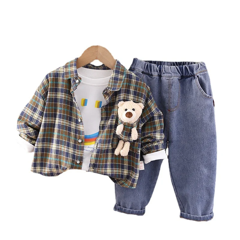 

New Spring Autumn Baby Girls Clothes Suit Children Boys Plaid Coat T-Shirt Pants 3Pcs/Set Toddler Casual Costume Kids Tracksuits