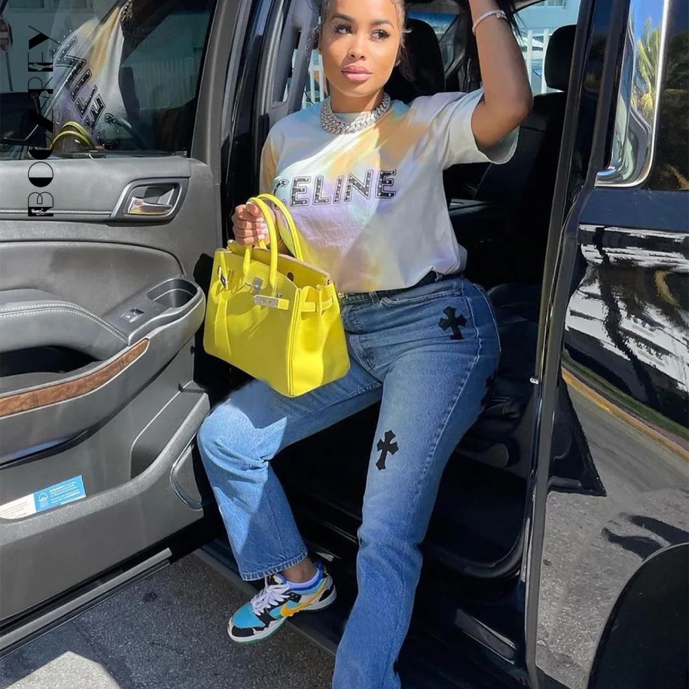 BoozRey Cross Embroidery Gothic Y2k Jeans Summer Sexy High Waisted Jeans Streetwear Women 2022 Long Pants Goth Female Clothing