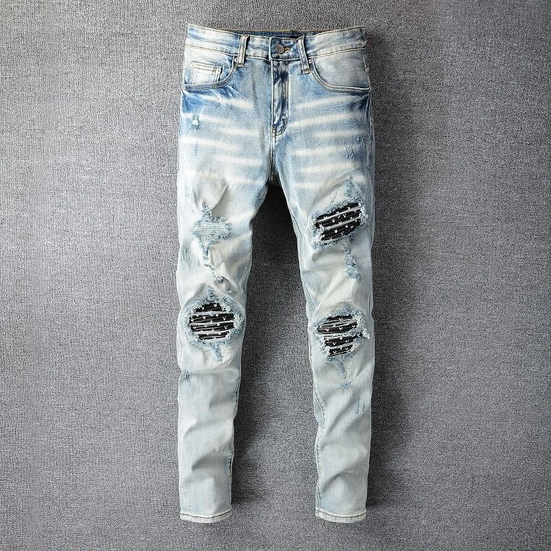 

Jeans Skinny Knee Stitching Patchwork Biker Jean Stacked Jean Fashion Street Hot Stretch Denim Light Blue Motorcycle Pants Mens