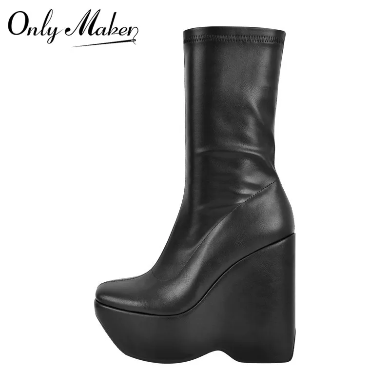 Onlymaker Women's Wedge Black Platform Zip Up Mid-Calf Boots  Ankel Boots Soft Leather For Party Dress Lady Matte Booties