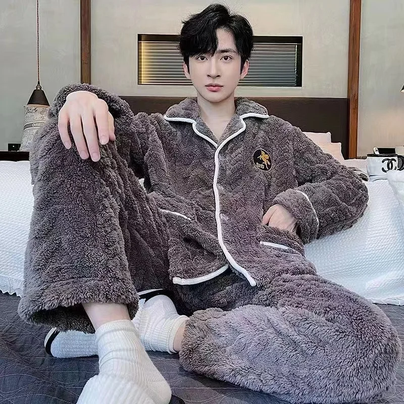 

Thick Warm Pajamas Set For Men Long Sleeve 2 Pieces Pijamas Male Coral Fleece Turn-Down Collar Flannel Home Clothes Pyjamas