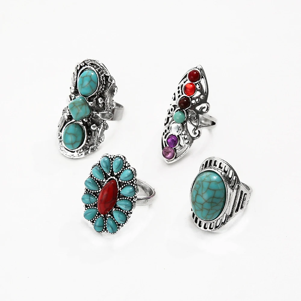 

4 Pcs Acrylic Artificial Turquoise Ring for Women Fashion Bohemian Ethnic Color Crystal Man's Rings Set Pakistan Indian Jewelry