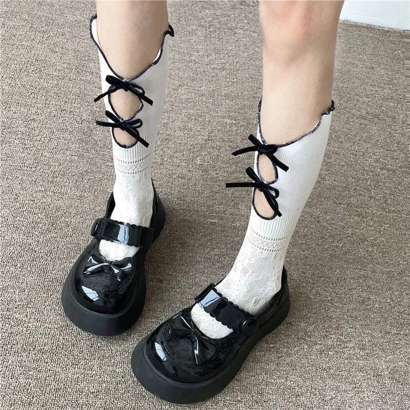 

Ladies Socks Kawaii Bow Hollow Out Calf Socks Hot Girl Pure Desire Socks Floral Pattern Socks