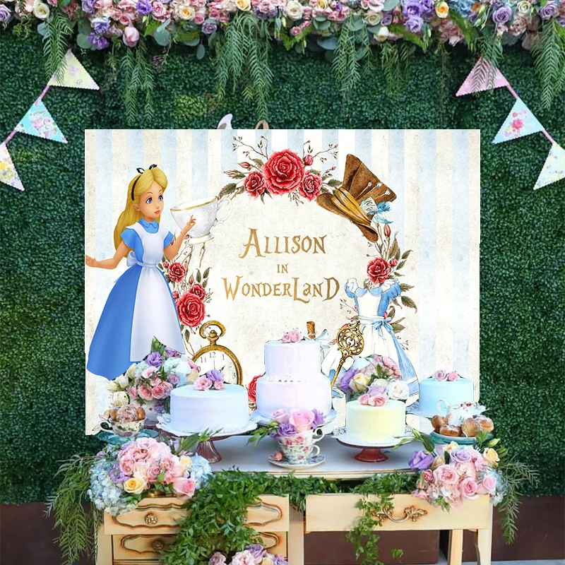 

Cartoon Disney Alice In Wonder Romantic Flower Backdrop Girls Princess Happy Birthday Party Decoration Photo Backgrounds Banner