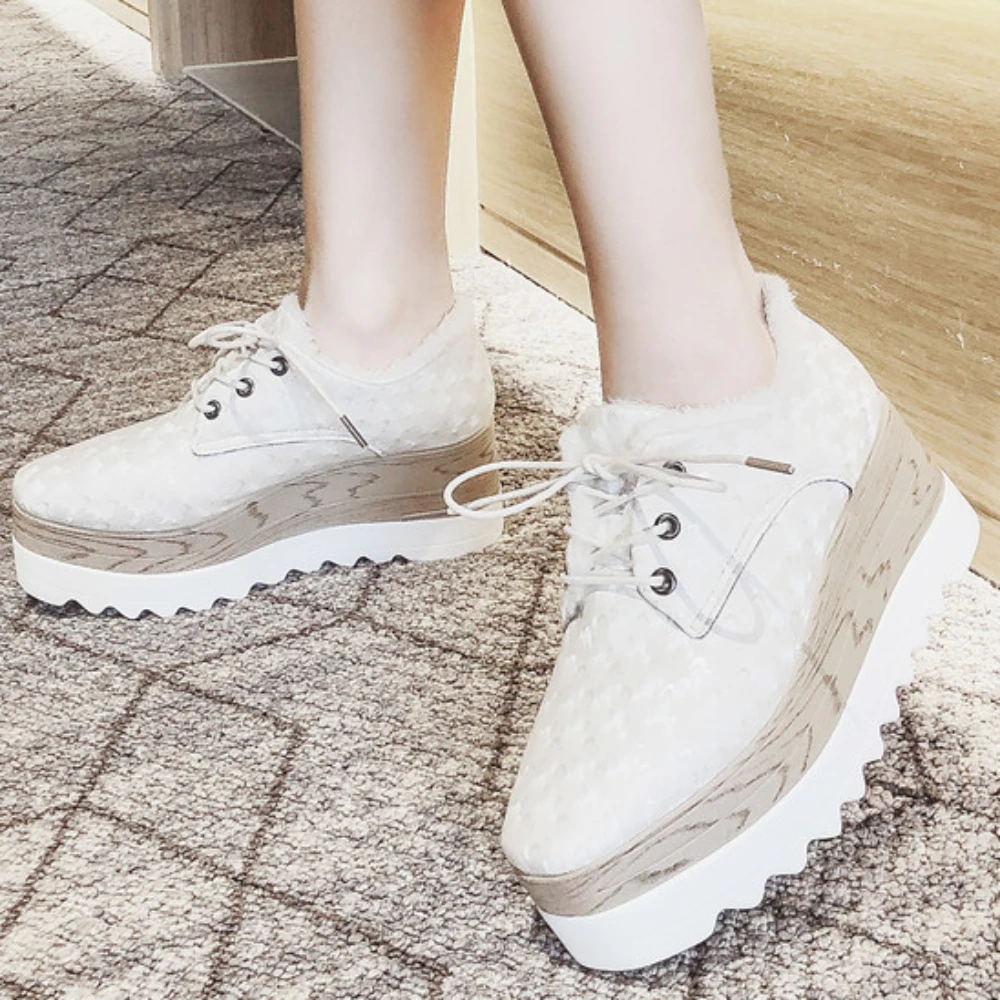 

Women Shoes Platform Winter New Fashion Short Plush Lace-up Round Head Heels Female Casual PU Thick Sole Shoes Zapatillas Mujer