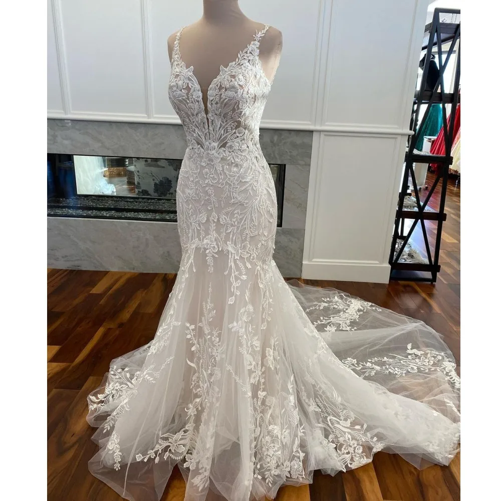 

Vestidos de Novia 2023 V-Neck Illusion Sequins Appliques Chapel Train Ivory Champagne Mermaid Wedding Dress Bridal Gowns
