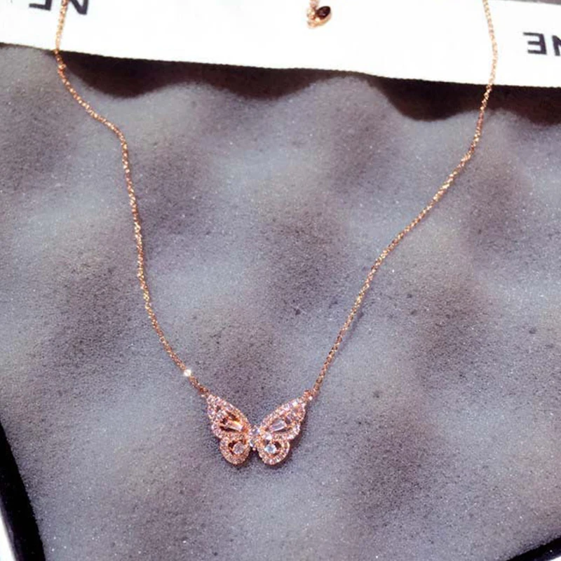

Hot Sale Delicate Zirconia Butterfly Necklace for Women Rose Gold Color Bling CZ Wedding Party Jewelry Pendant Female Bijoux