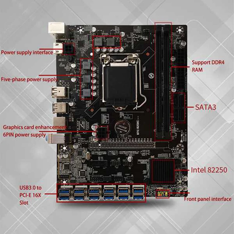 Материнская плата B250C для майнинга BTC + переходник VER009S 12xpcie на USB3.0 слот GPU LGA1151
