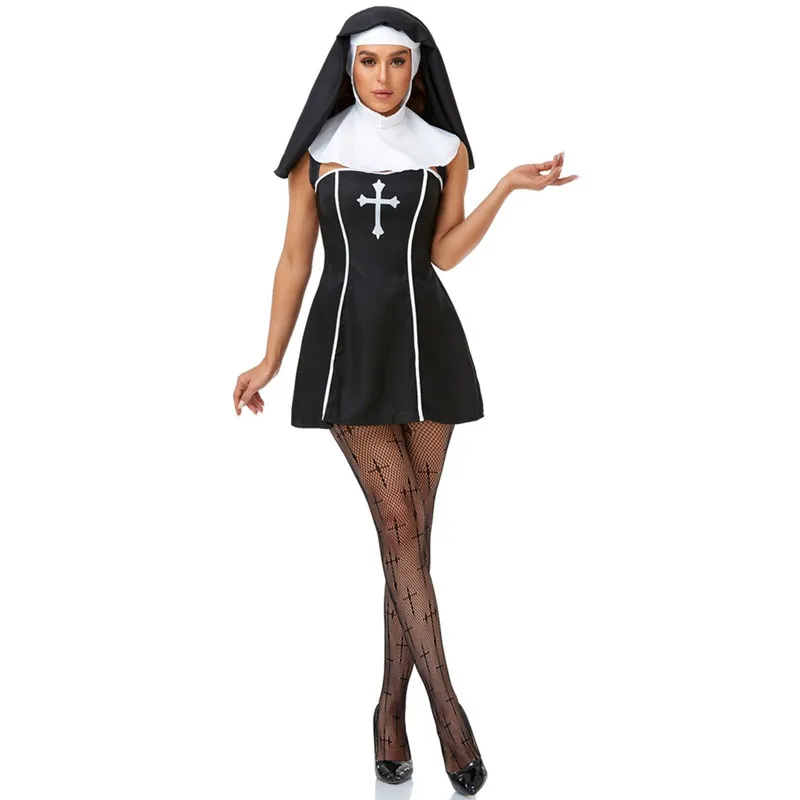 

Sexy Nun Costumes Adult Women Halloween Party Cosplay Bad Habit Nun Costume Church Religious Sister Fancy Dress with Black Hood