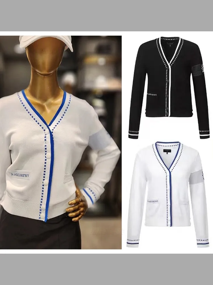 

Golf Apparel Women's Soccer Jersey 23 Autumn V-Neck Color Combination Knitted Cardigan Casual Versatile Coat