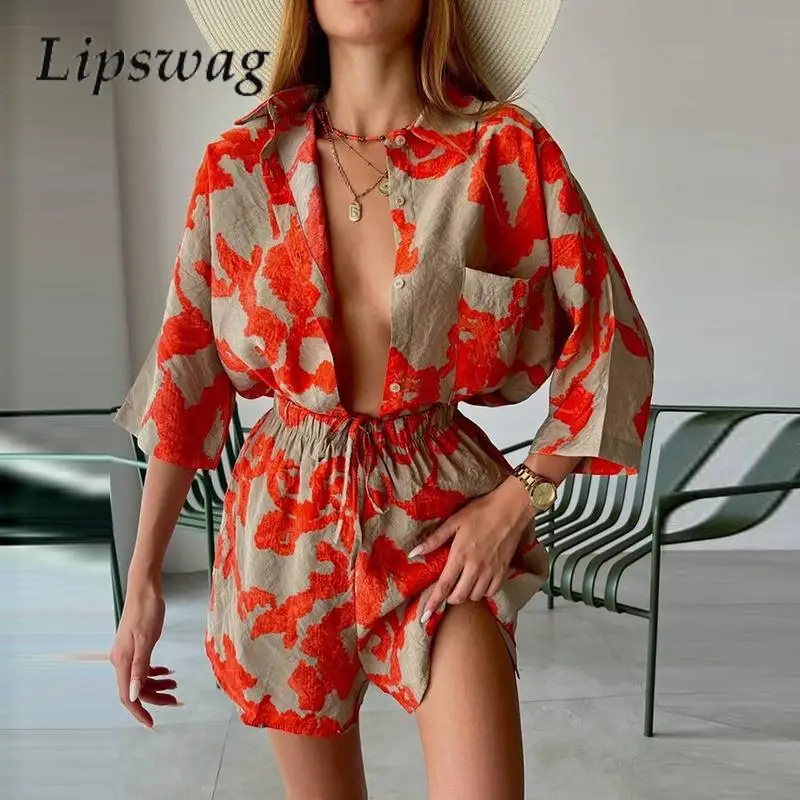 

Fashion Vacation Single-Breasted Top Plus Shorts Women'S Casual Beach Elastic Waist Two-Piece Set Elegant Lapel Long-Sleeved Set