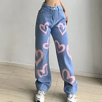 sunny y j brown baggy girl jeans women heart print new aesthetic vintage 90s streetwear denim trousers low waist straight pants