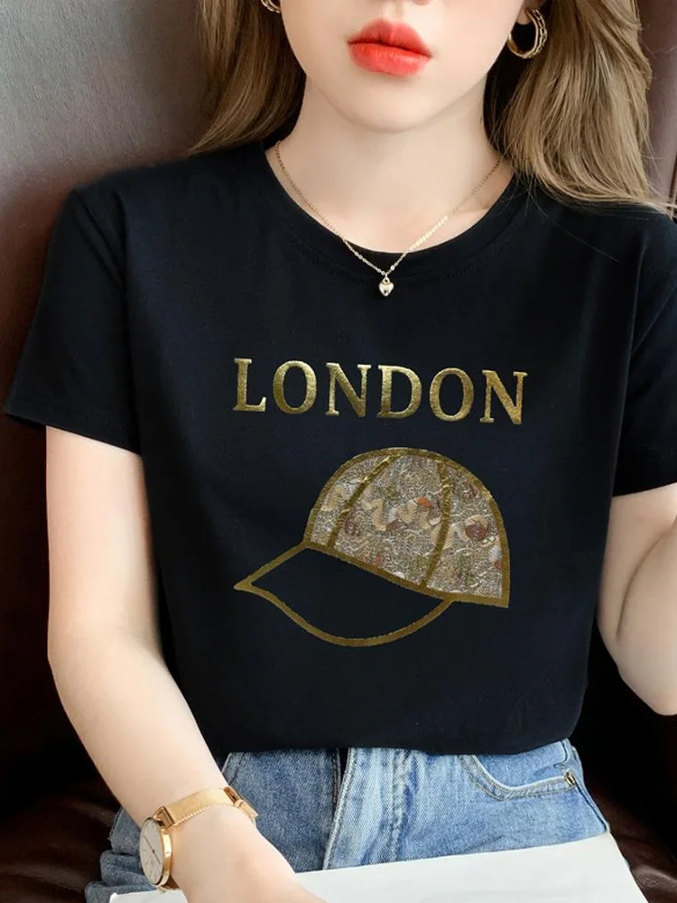 TuangBiang лето 2022 блестящая хлопковая футболка с буквенным принтом лондонская шляпа