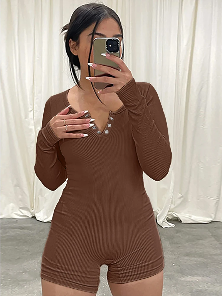 Sexy Deep V Neck Long Sleeve Fitness Overalls Skinny One Piece Bodysuits Y2K Activewear Elastic Ribbed Rompers Womens Jumpsuit