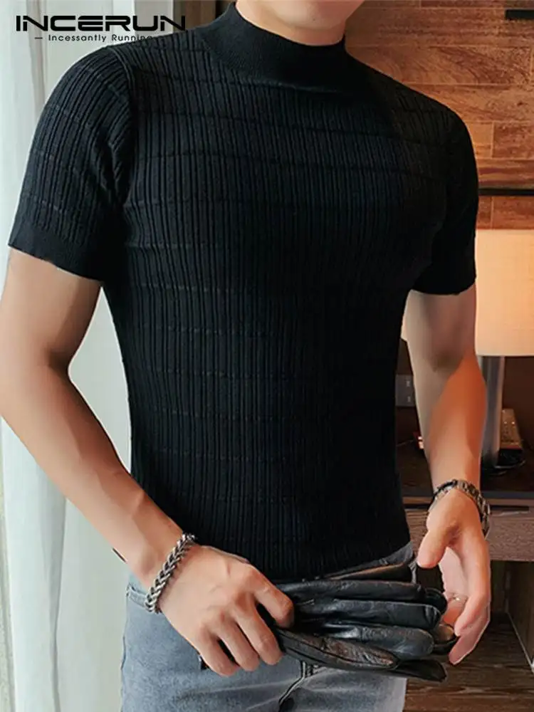 

Fashion Casual Style Tops INCERUN Men Half Turtleneck Camiseta Stylish Male Solid Tight Comfortable Short Sleeve T-Shirts S-5XL