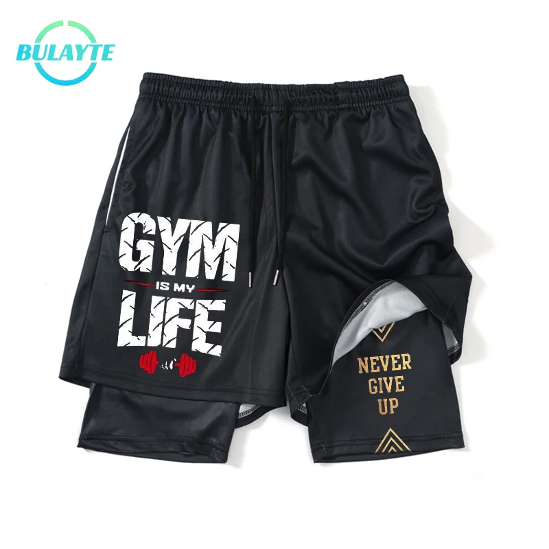 

Спортивные шорты с принтом для тренажерного зала, двухуровневые беговые шорты, мужская спортивная одежда 2 в 1 для фитнеса, быстросохнущие д...