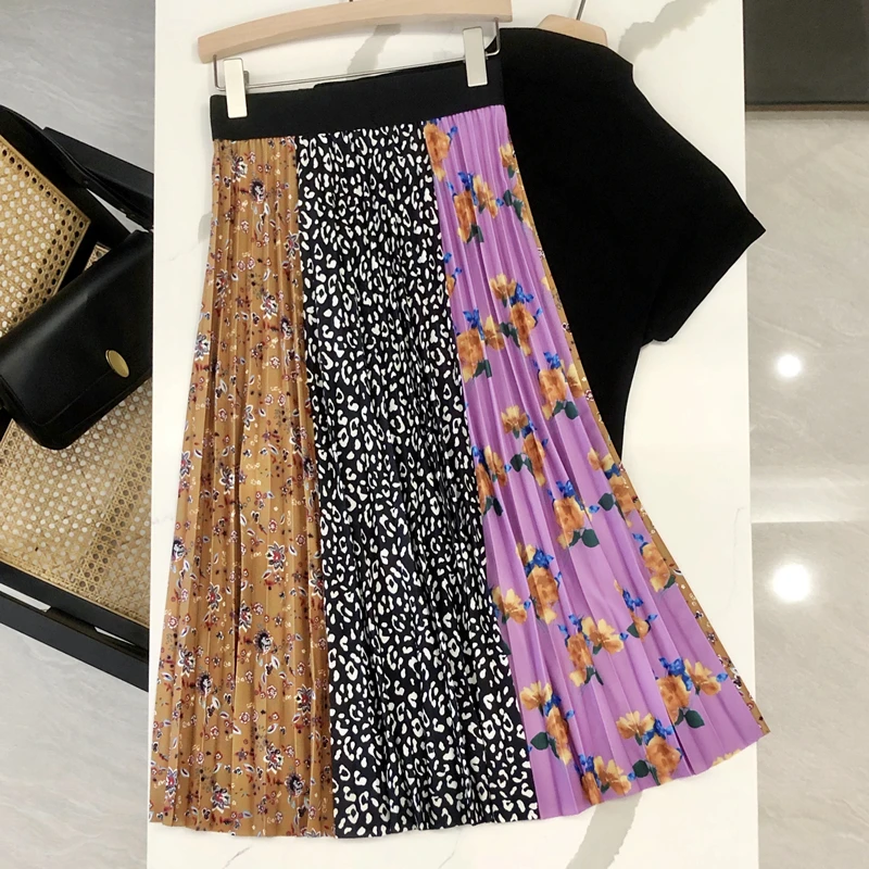 

Женская плиссированная юбка с высокой талией, элегантная трапециевидная юбка средней длины контрастных цветов с цветочным принтом в стиле пэчворк, лето