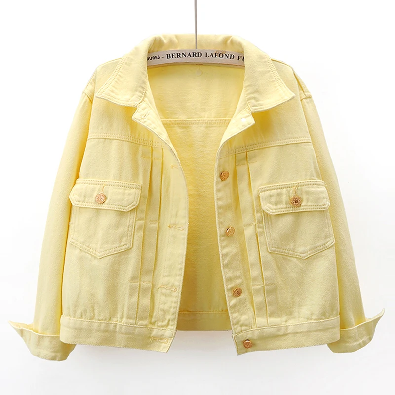 

Куртка женская джинсовая с карманами, модная свободная короткая ковбойская верхняя одежда, жакет из денима с длинным рукавом, в Корейском стиле, желтая, весна-осень