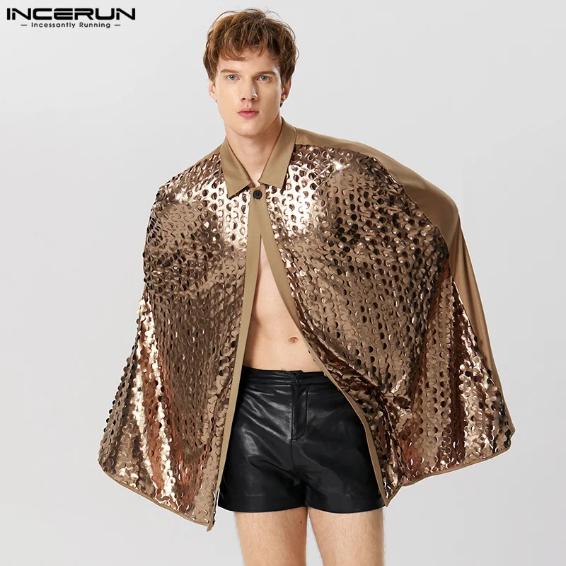 

Тренчкот INCERUN мужской на одной пуговице, блестящий свободный пончо в стиле пэчворк, модная повседневная накидка, уличная одежда, 2023