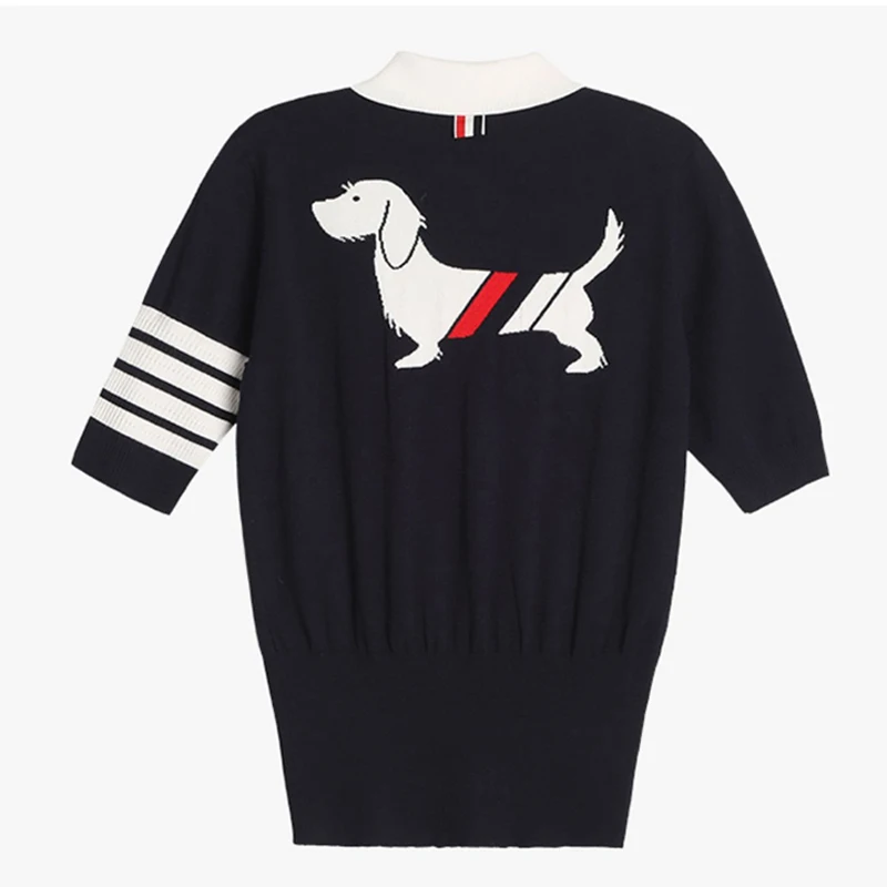 

TB THOM T-Shirt Summer Lovers Fashion Brand Clothing Puppy Designs Engineered 4-Bar Stripe Knitted Lapel Short Sleeve Sweatshirt