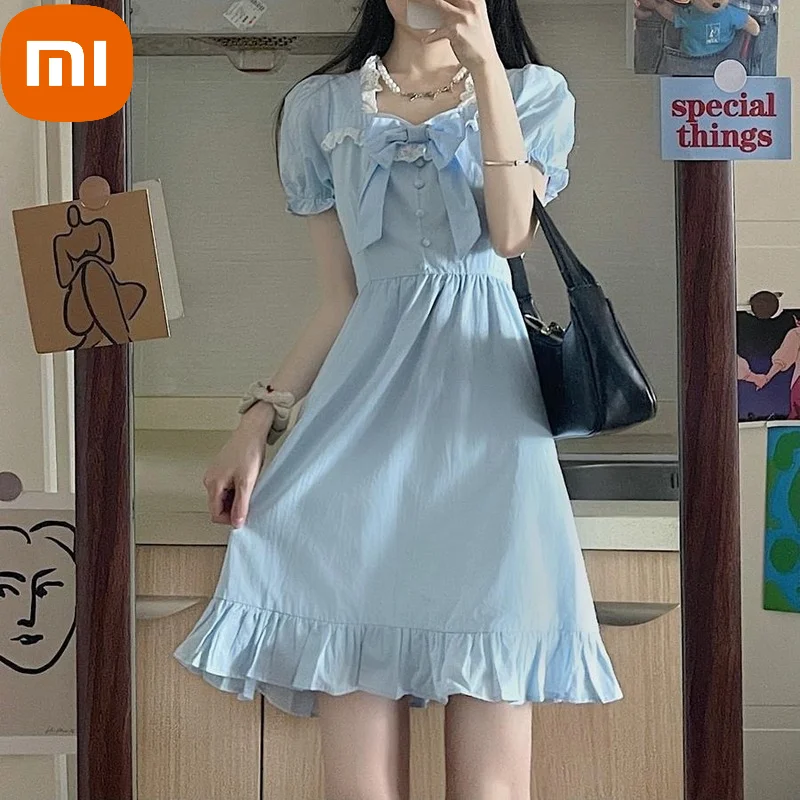 

Летнее элегантное платье Xiaomi, женское синее корейское милое платье принцессы с высокой талией, шикарное вечернее Повседневное платье с кор...